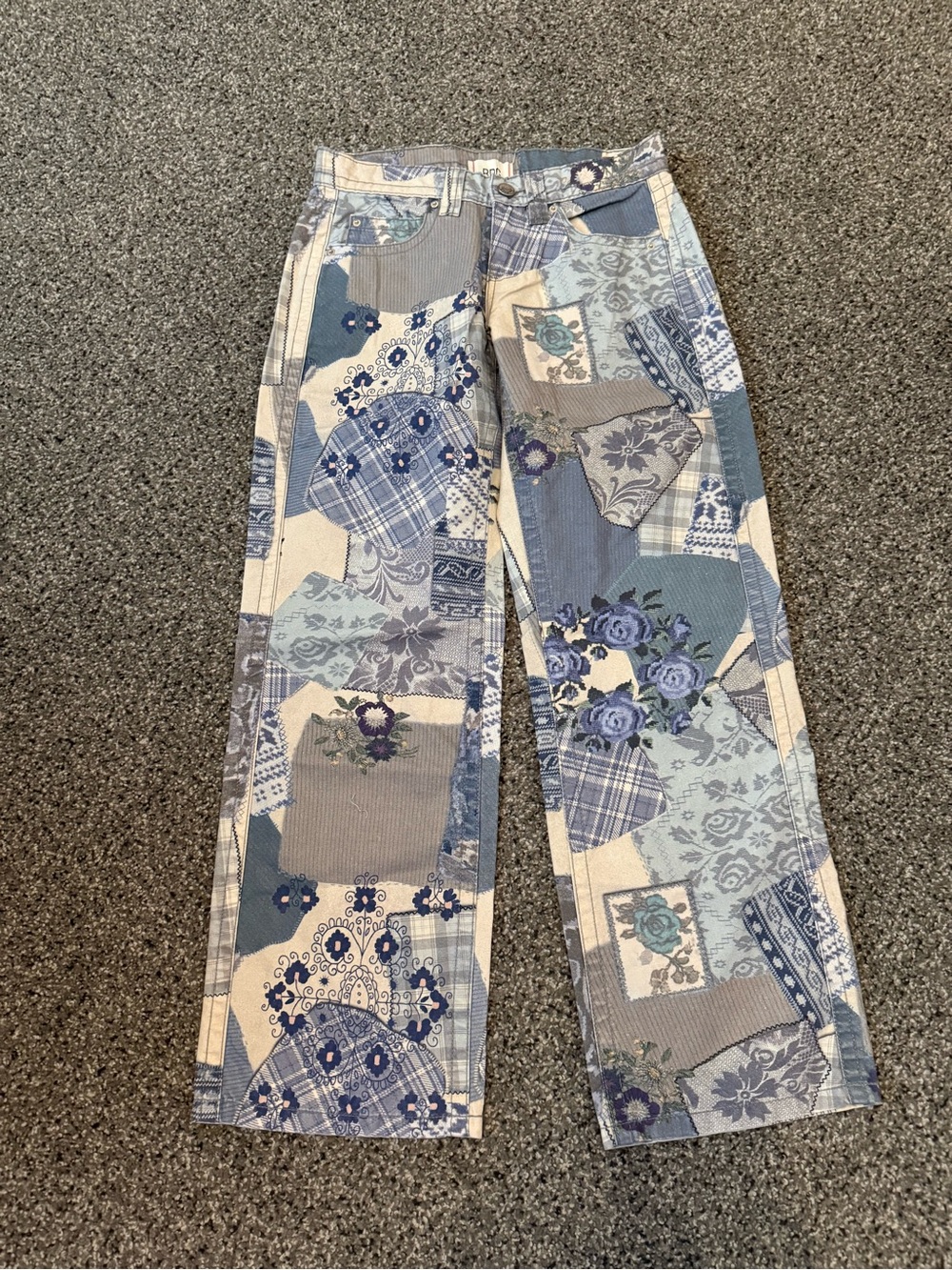 BDG Patchwork Floral Straight Leg Jeans in Blue and Cream - Picture 2 of 3